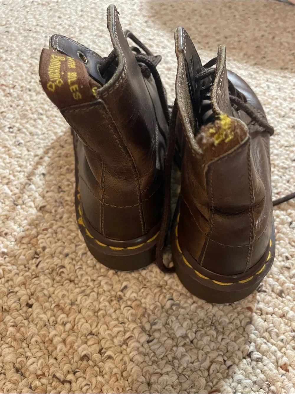 Dr. Martens Brown Leather Lace-Up Combat Boots with Yellow Stitching